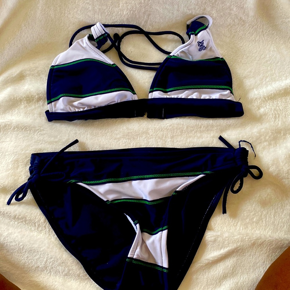 Navy blue and green bikini.